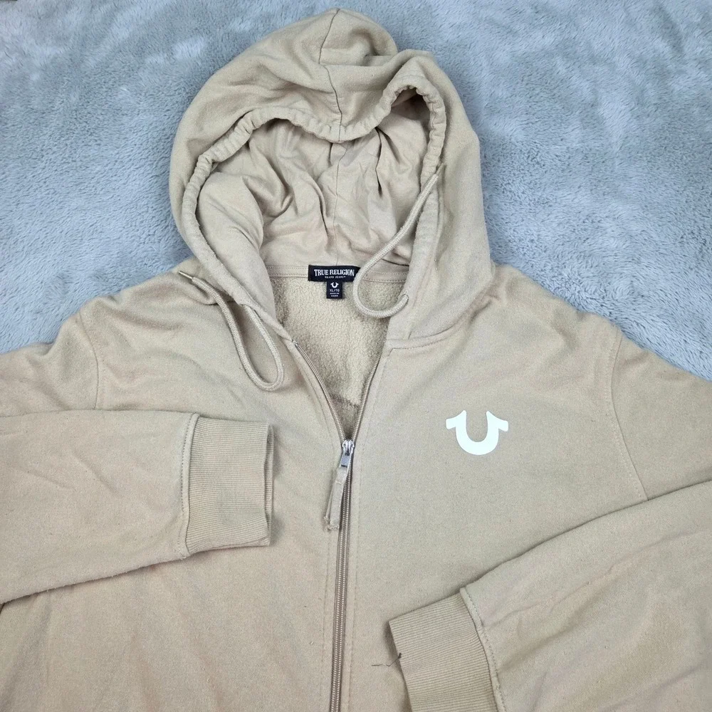 True Religion Zip Up Hoodie Mens XL Buddha Horseshoe Logo Fleece Graphic Khaki